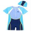 Lorilida Boys UPF 50+ Rash Guard Swimsuit Short Sleeve Front Zipper One Piece Swimwear with Swim Hat Blue 7-8 Years view 3