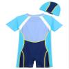 Lorilida Boys UPF 50+ Rash Guard Swimsuit Short Sleeve Front Zipper One Piece Swimwear with Swim Hat Blue 7-8 Years view 4