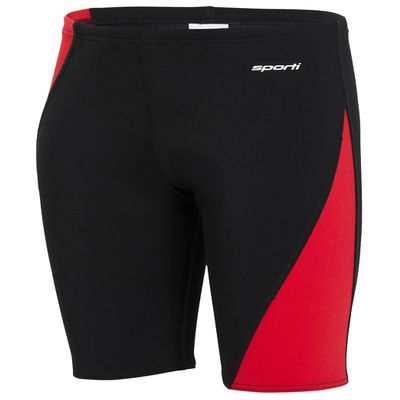 Sporti Boys Swim Jammer Swimsuit HydroLast Splice Athletic Swimming Shorts, Chlorine-Resistant 4-Way Stretch, UPF 50+, Drawstring, Youth Competitive Team Suit - Black/Red - 22