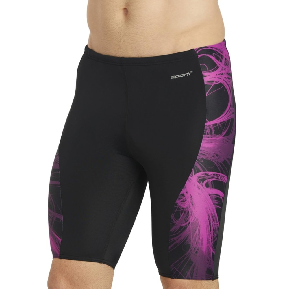 Sporti Light Wave Splice Boys' Swim Jammers, Durable Jammer Swimsuit with Drawstring Waist, Athletic Swimming Shorts, UPF 50+, for Competitive Swimmers - Black/Purple - 22