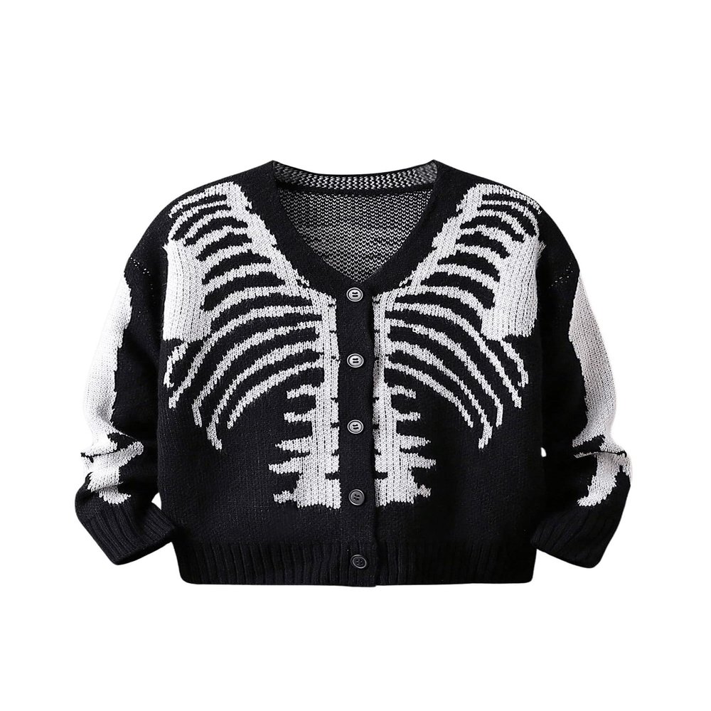 SHENHE Boy's Graphic Skeleton Print Button Down V Neck Long Sleeve Halloween Cardigan Black and White 9Y