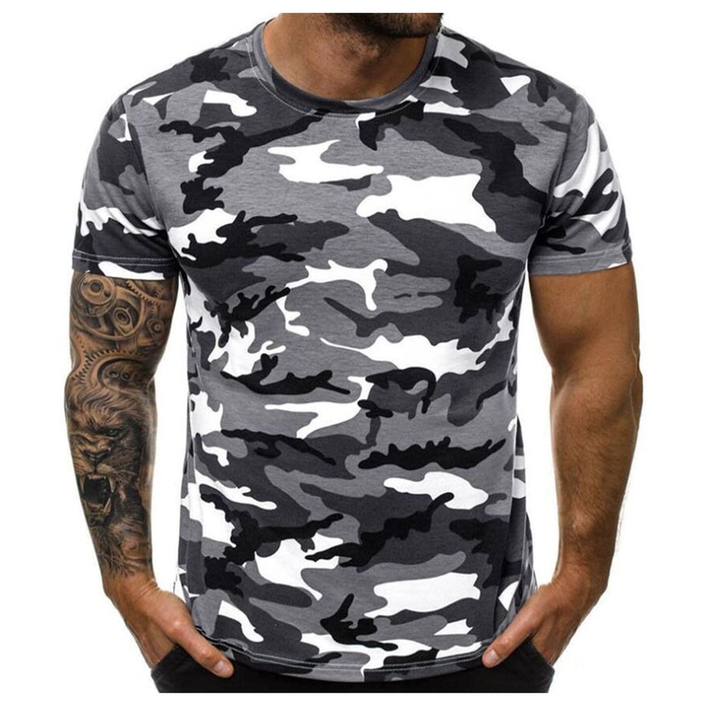RTRDE T Shirt, Camouflage T-Sports Fitness Short Sleeve Military Camo Crewneck Shirts Mens Casual Slim Fit Shirts Workout (XL, Gray)