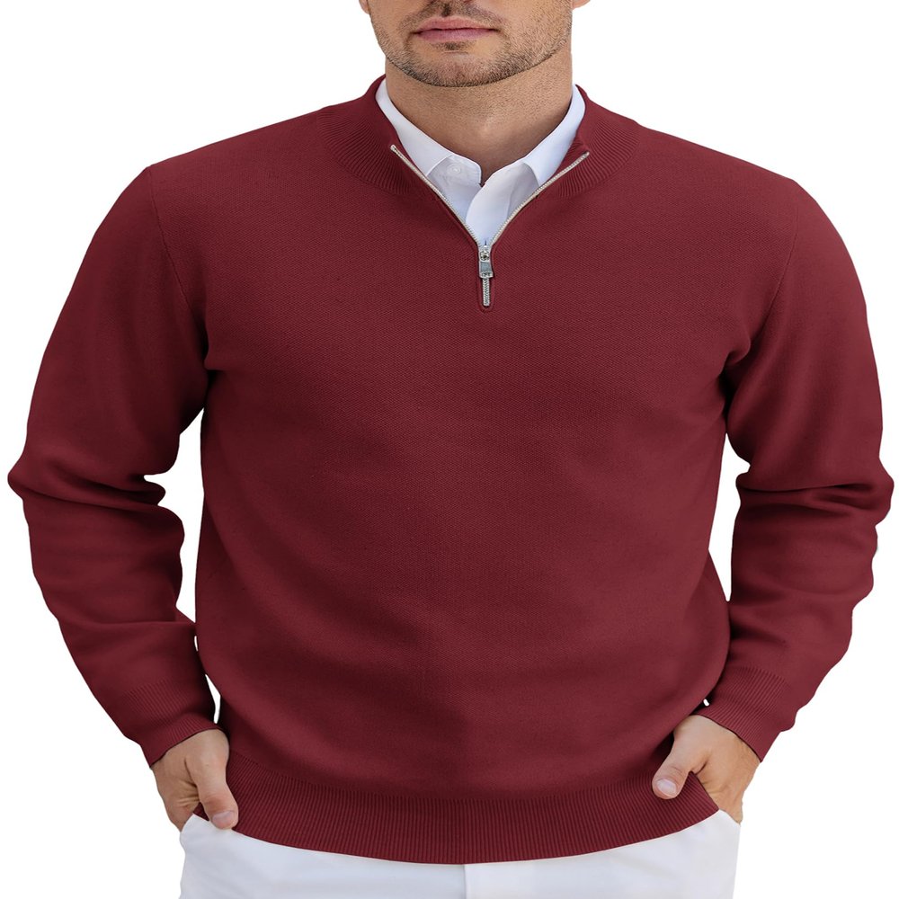 COOFANDY Mens 1/4 Zip Pullover Long Sleeve Slim Fit Sweaters Casual Dress Sweaters Polo Sweater Wine Red Medium