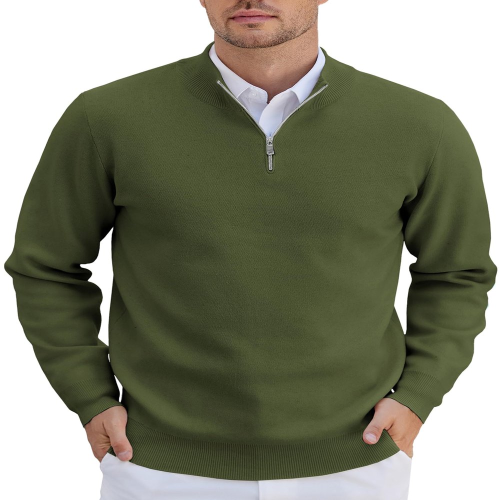COOFANDY Mens Zipper Sweater Slim Fit Casual Dress Sweaters Pullovers Long Sleeve Golf Sweater Army Green X-Large