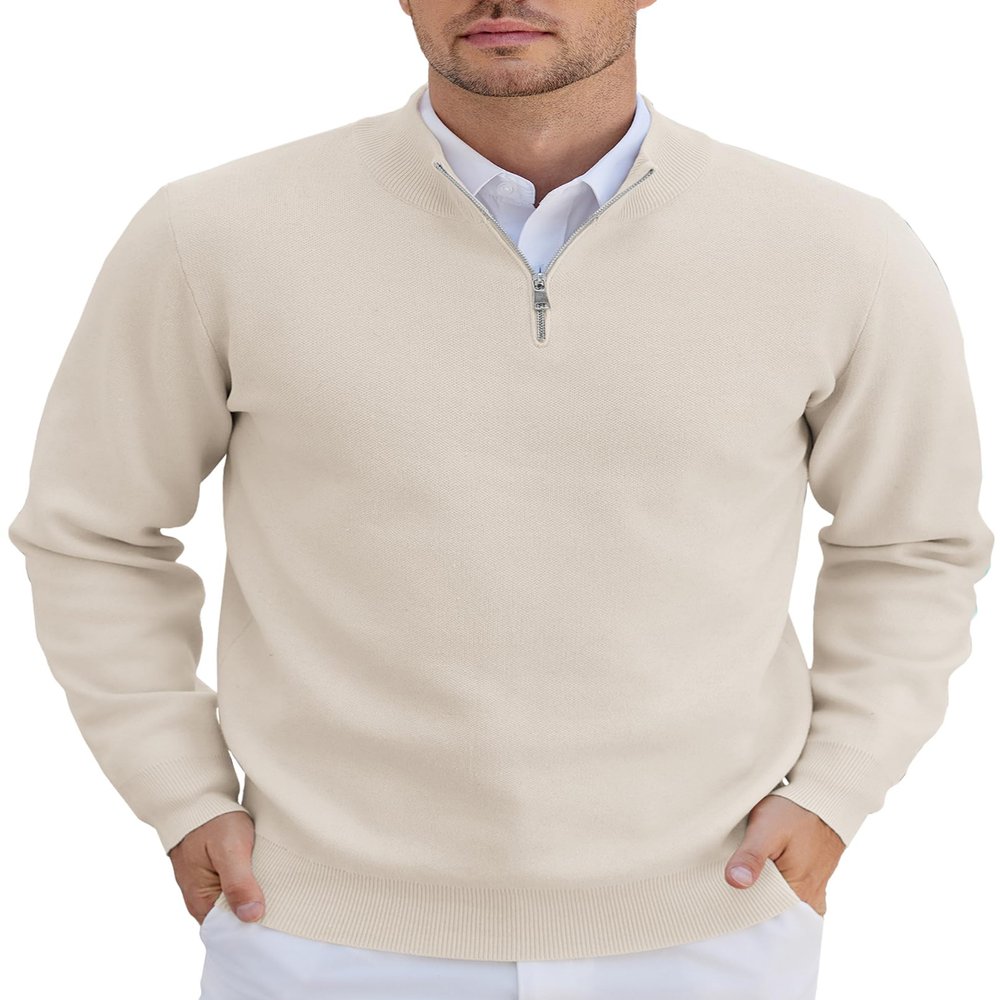 COOFANDY Mens Zipper Sweater Slim Fit Casual Dress Sweaters Pullovers Long Sleeve Golf Sweater Cream X-Large
