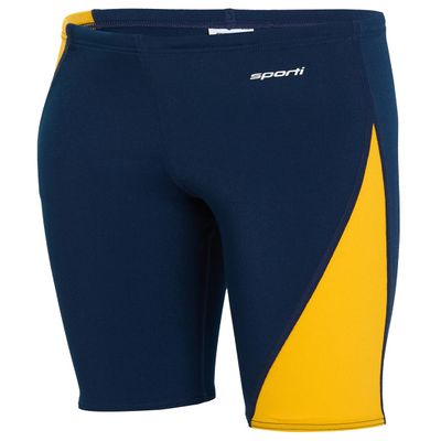 Sporti Boys Swim Jammer Swimsuit  HydroLast Splice Athletic Swimming Shorts, Chlorine-Resistant 4-Way Stretch, UPF 50+, Drawstring, Youth Competitive Team Suit - Navy/Gold - 22