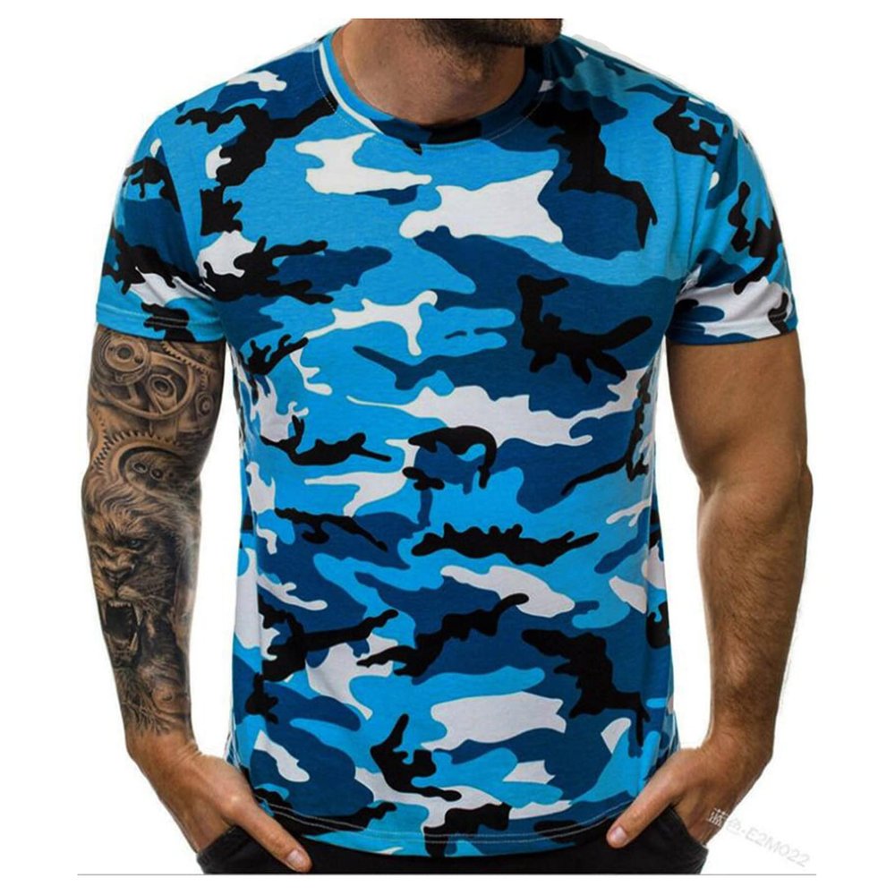 RTRDE Shirts Men Casual, Camouflage T-Shirt Sports Fitness Short Sleeve Military Camo Crewneck Shirts Big Shirts Workout (XXL, Sky Blue)