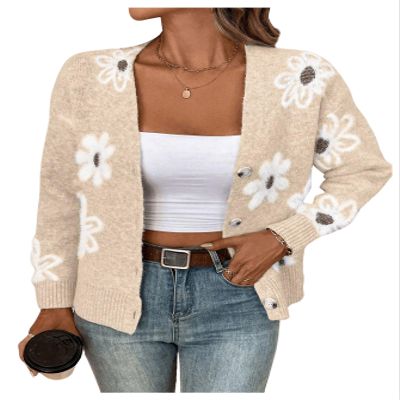 SHENHE Women's Floral Cardigan Sweater Open Front Long Sleeve Button Down Knit Sweater Outerwear Light Khaki X-Large