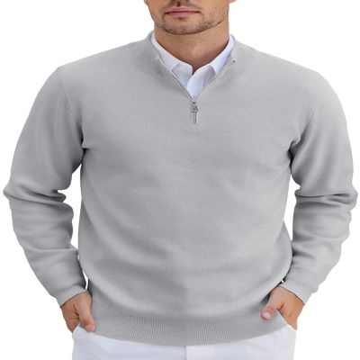 COOFANDY Mens Half Zip Sweaters Slim Fit Long Sleeve Texture Knitted Pullover Sweaters with Zipper Light Gray XX-Large