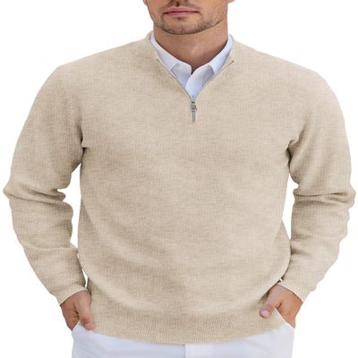 COOFANDY Mens Quarter Zip Sweater Ribbed Knit V Neck Slim Fit Dress Sweater for Fall Winter Khaki Small