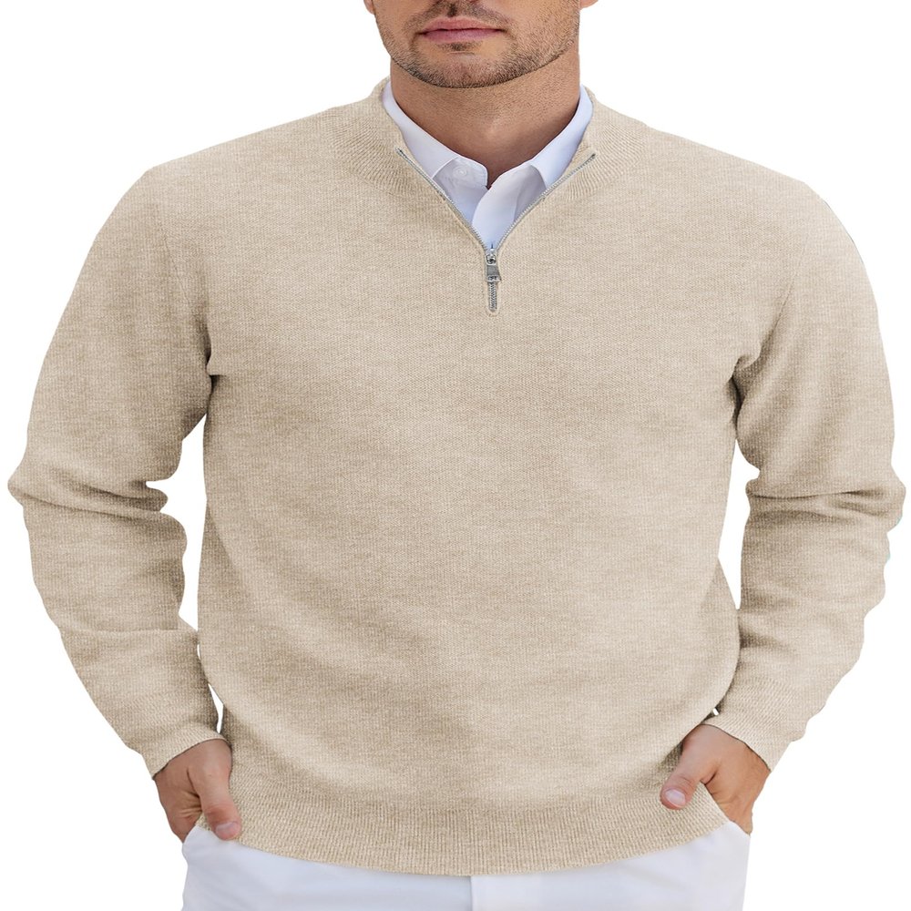 COOFANDY Mens Quarter Zip Sweater Ribbed Knit V Neck Slim Fit Dress Sweater for Fall Winter Khaki Small