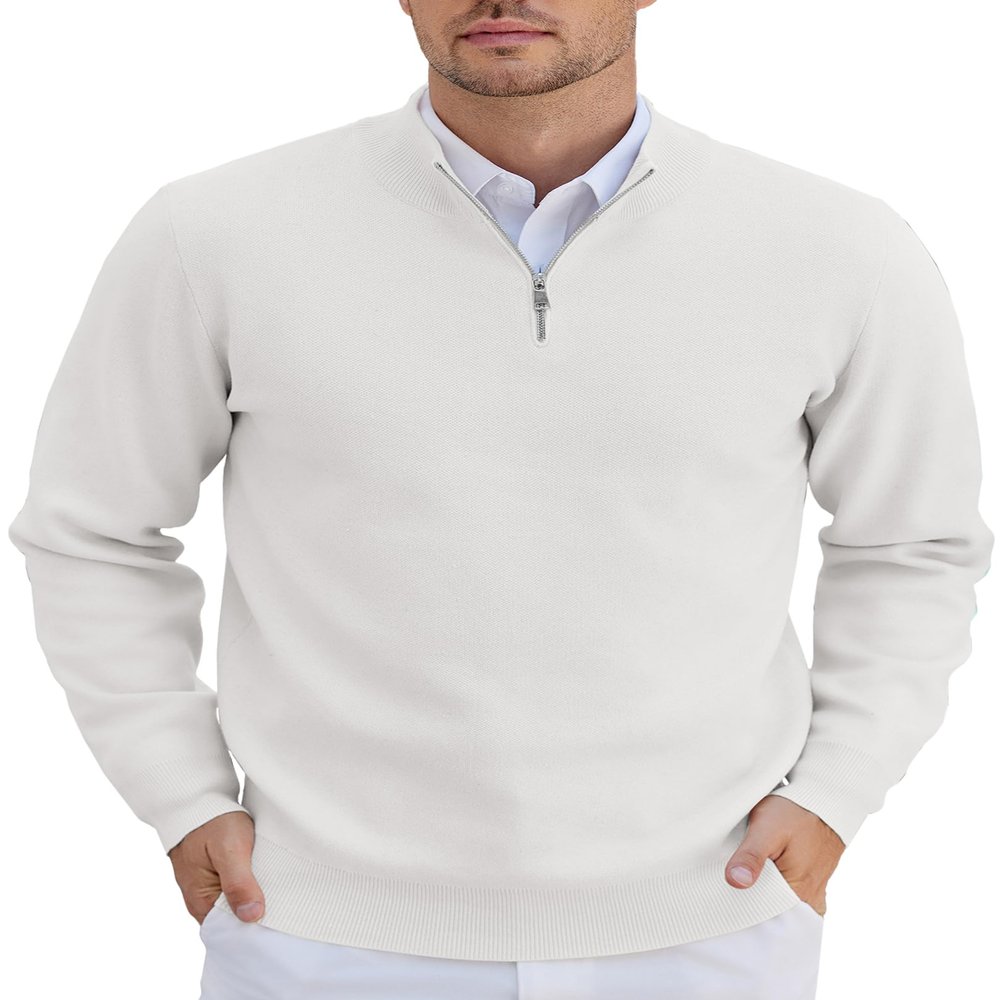 COOFANDY Mens 1/4 Zip Pullover Long Sleeve Slim Fit Sweaters Casual Dress Sweaters Polo Sweater White Medium