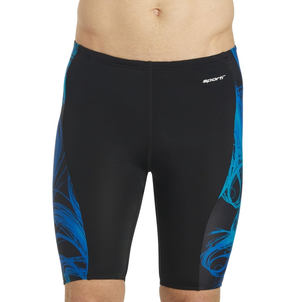 Sporti Light Wave Splice Boys' Swim Jammers, Durable Jammer Swimsuit with Drawstring Waist, Athletic Swimming Shorts, UPF 50+, for Competitive Swimmers - Black/Blue - 22