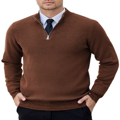 COOFANDY Mens Quarter Zip Sweater Ribbed Knit V Neck Slim Fit Dress Sweater for Fall Winter Brown Small