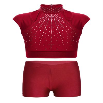 Kvysinly Kids Girls Athletic Gymnastics Dance Outfits Shiny Rhinestone Crop Tank Tops with Shorts 2Pcs Set Swimwear Burgundy 14 Years