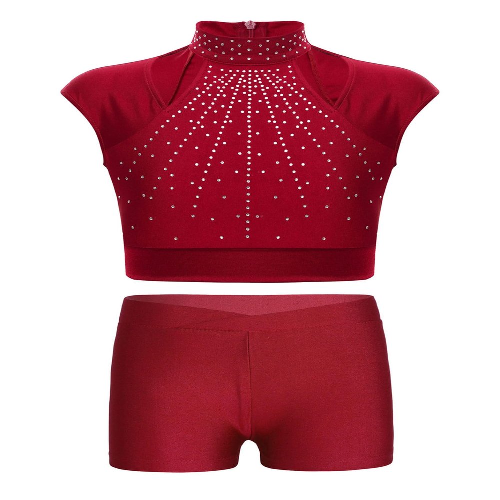 Kvysinly Kids Girls Athletic Gymnastics Dance Outfits Shiny Rhinestone Crop Tank Tops with Shorts 2Pcs Set Swimwear Burgundy 8 Years