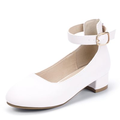 Hehainom Girls Dress Shoes Ankle Strap Flower Girl Heels for Little Big Kids Heels Wedding Church Party Communion Shoes(White Pu 10 M US Toddler)