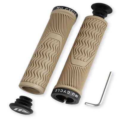MU CYCLE Bike Handlebar Grips with Single Lock-On Clamp & End Plugs, Anti-Slip and Comfortable Bicycle Grips, 22.2mm Inner Diameter Open End MTB Bicycle Grips (Toffee Cream)