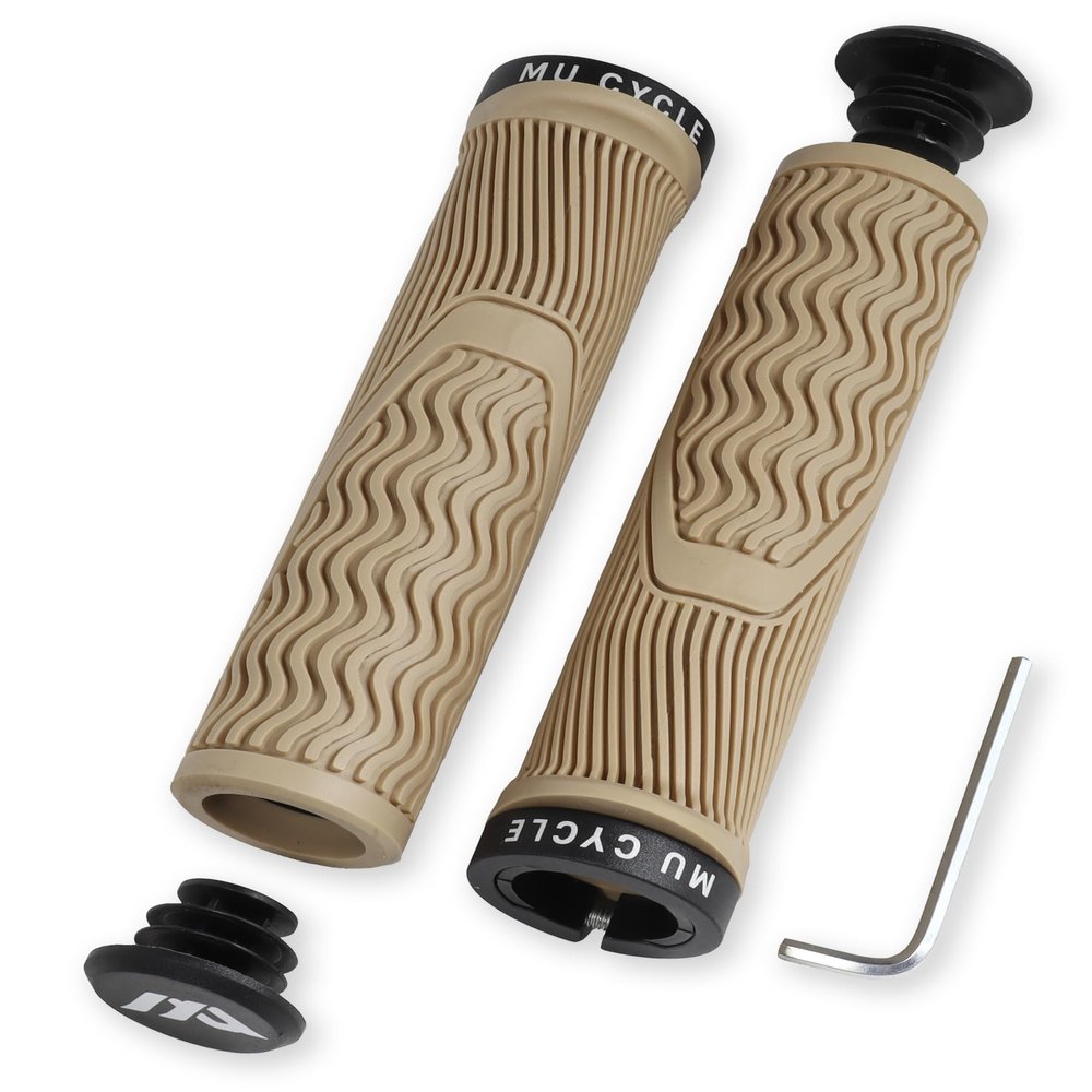 MU CYCLE Bike Handlebar Grips with Single Lock-On Clamp & End Plugs, Anti-Slip and Comfortable Bicycle Grips, 22.2mm Inner Diameter Open End MTB Bicycle Grips (Toffee Cream)
