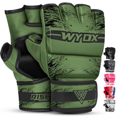 WYOX MMA Gloves Grappling Sparring, Boxing Gloves Men Women Muay Thai Martial Arts Training, Half Finger Adjustable Mitts Wrist Support Kickboxing Gloves (Army Green, S/M (15-21 cm))