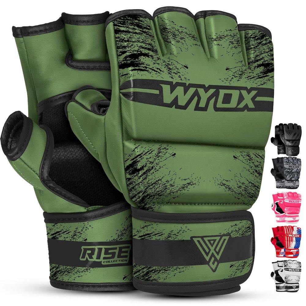 WYOX MMA Gloves Grappling Sparring, Boxing Gloves Men Women Muay Thai Martial Arts Training, Half Finger Adjustable Mitts Wrist Support Kickboxing Gloves (Army Green, S/M (15-21 cm))
