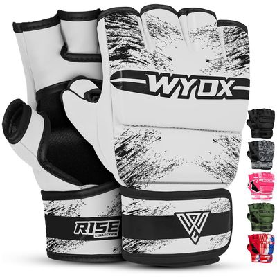 WYOX MMA Gloves Grappling Sparring, Boxing Gloves Men Women Muay Thai Martial Arts Training, Half Finger Adjustable Mitts Wrist Support Kickboxing Gloves (White, S/M (15-21 cm))