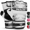 WYOX MMA Gloves Grappling Sparring, Boxing Gloves Men Women Muay Thai Martial Arts Training, Half Finger Adjustable Mitts Wrist Support Kickboxing Gloves (White, S/M (15-21 cm)) view 1