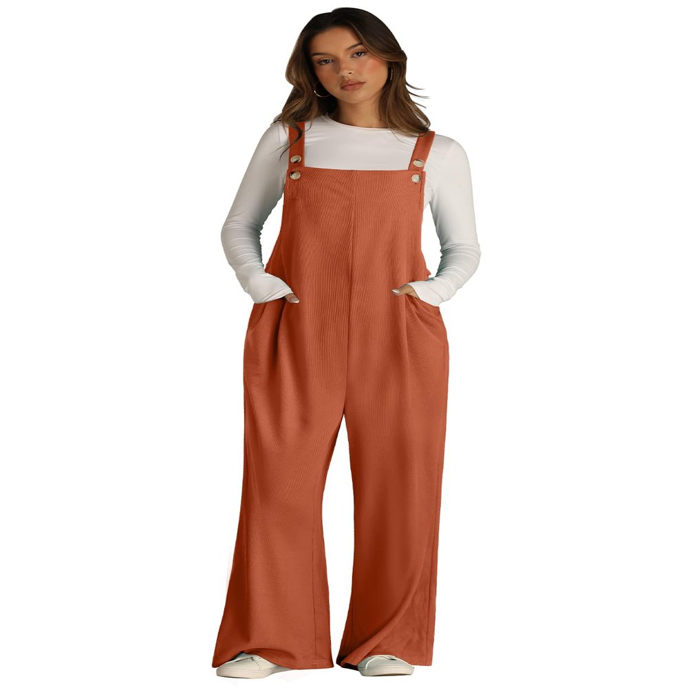 Vigorics Wide Leg Overalls For Women Loose Fit Waffle Knit Jumpsuit Rompers 2026 Sleeveless Outfits Rust M
