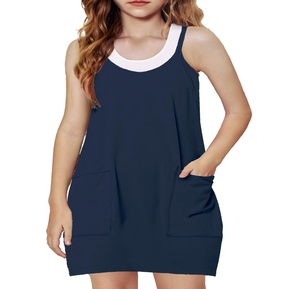 Arshiner Girls Dress with Shorts Casual Summer Spaghetti Straps One Piece Romper Dresses with Pockets for Kid 5-15 Y Navy Blue