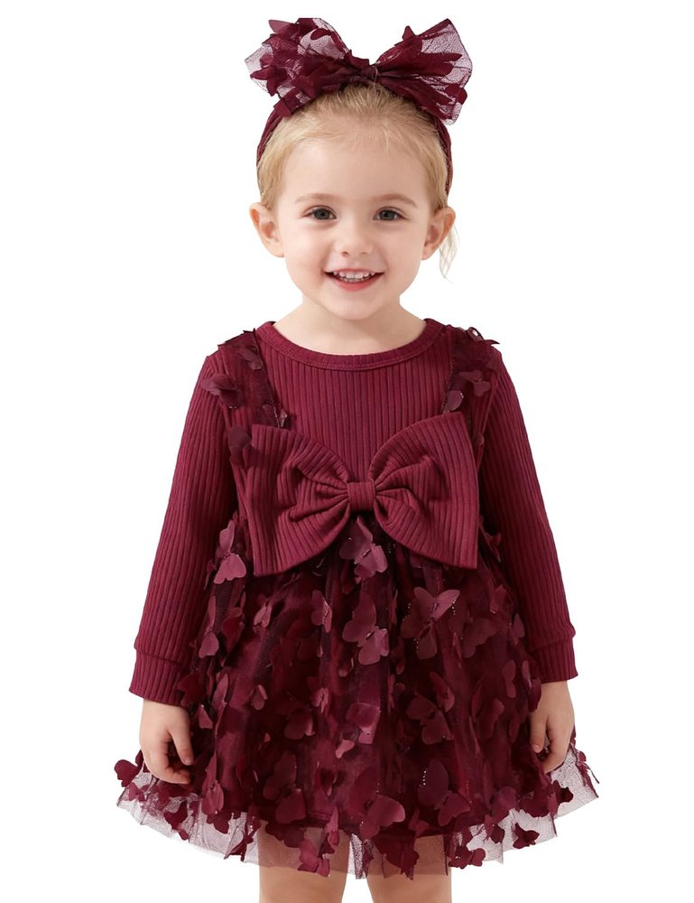 AGQT Baby Girl Christmas Dress Princess Tutu Dress 3D Butterfly Long Sleeve Knit Tulle Outfit Set with Headband for Birthday Wedding Holiday Photo Wine Red 6-9 M