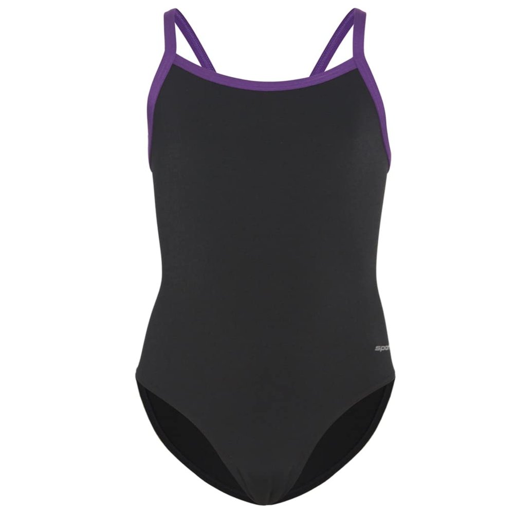 Sporti HydroLast Athletic One Piece Swimsuit for Girl Chlorine Resistant Training Suit, 4-Way Stretch, Thin Strap V-Back, UPF 50+ for Swim Team Athletes - Black/Bright Purple - 22