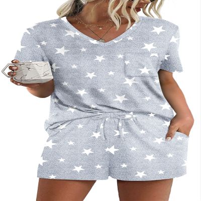 RUBZOOF Women's Short Sleeve Pajama Sets with Pockets Casual V Neck White Star Print 2 Piece Lounge Sets Light Grey S