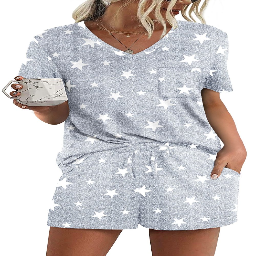 RUBZOOF Women's Short Sleeve Pajama Sets with Pockets Casual V Neck White Star Print 2 Piece Lounge Sets Light Grey S