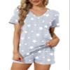 RUBZOOF Women's Short Sleeve Pajama Sets with Pockets Casual V Neck White Star Print 2 Piece Lounge Sets Light Grey S view 3