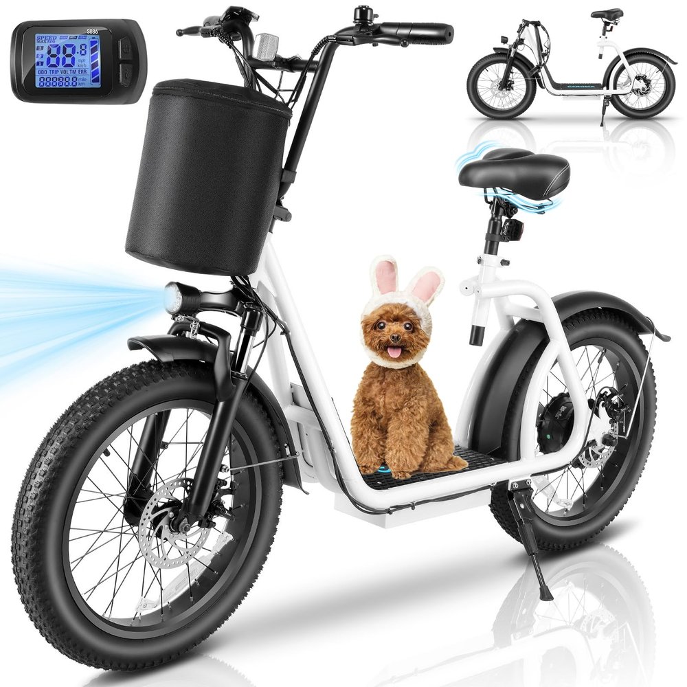 Caroma Peak 800w Electric Scooter Adults 20"X3" Fat Tire, 20 MPH Top Speed & 30 Miles Range, Off-Road E Scooter w/Adjustable Seat & Grocery Bag, Foldable Ebike w/Shock Absorption for Commuting