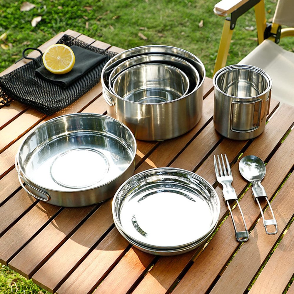 12 Pcs Camping Cookware Set, Folding Handle 304 Stainless Steel Portable Picnic Cooking Pot Cup Set Portable Outdoor Cookware for Family Hiking Picnic