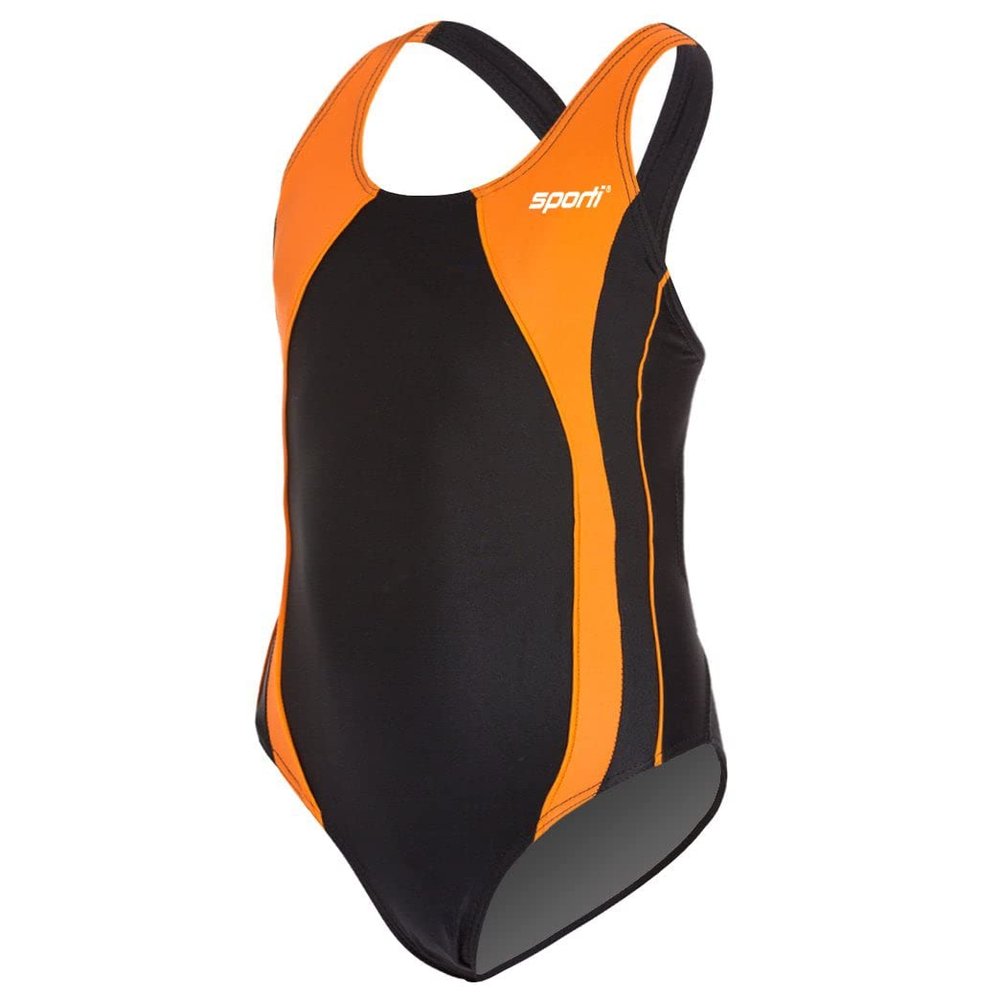 Sporti Athletic One Piece Swimsuit for Girls | Durable Training Swimwear with Wide Straps, Comfortable Coverage, UPF 50+ | Great for Swim Team & Competitive Swimming - Black/Orange - 24