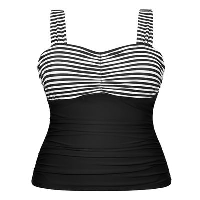 Hilor Women's Tankini with Underwire Bra Support Retro Ruched Slimming Bathing Suit Top Tummy Control Swimsuit Top Black&White Stripes 10