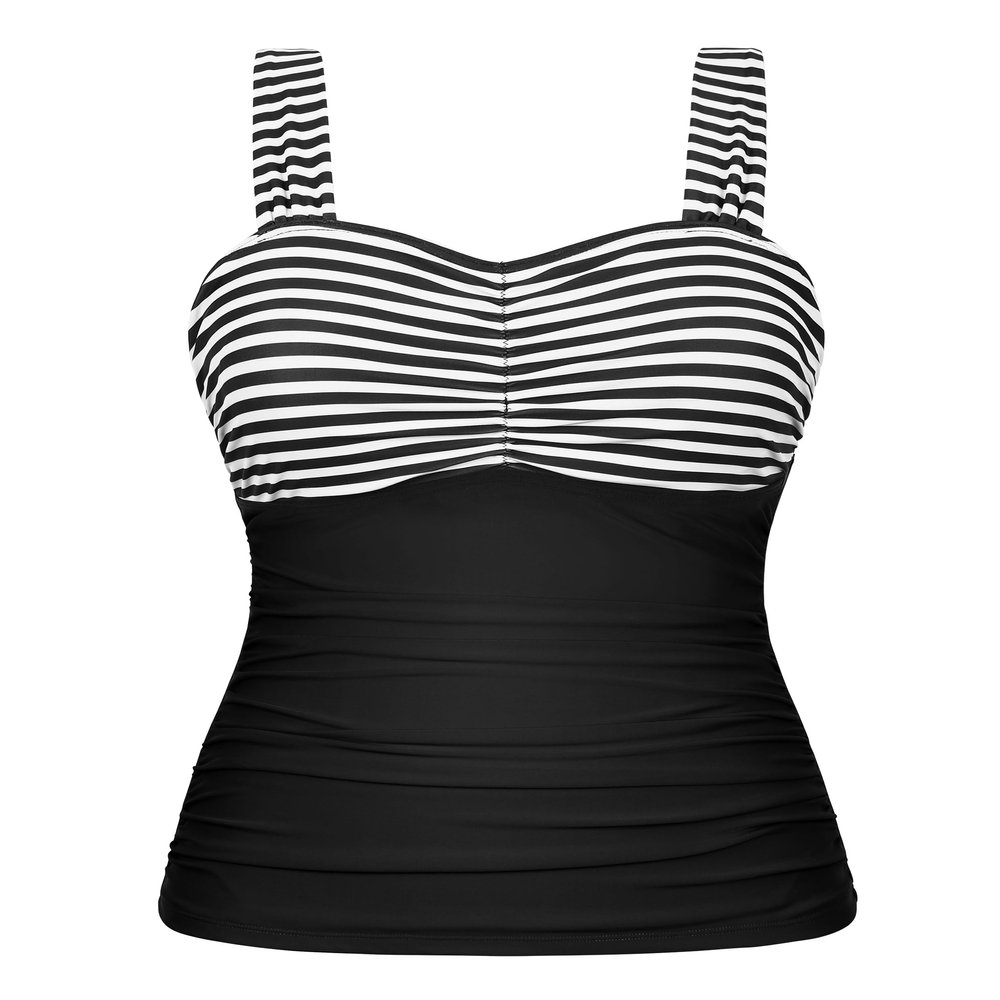 Hilor Women's Tankini with Underwire Bra Support Retro Ruched Slimming Bathing Suit Top Tummy Control Swimsuit Top Black&White Stripes 10