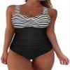 Hilor Women's Tankini with Underwire Bra Support Retro Ruched Slimming Bathing Suit Top Tummy Control Swimsuit Top Black&White Stripes 10 view 3