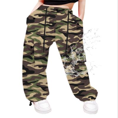 Cromoncent Girls High Waist Parachute Pants Y2K Cargo Trousers with Pockets, Camouflage, 11-12 Years = Tag 160