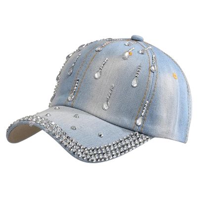 Queenbox Sparkle Teardrop Rhinestone Baseball Cap, Bejeweled Deim Hip Hop Hat, Light Blue