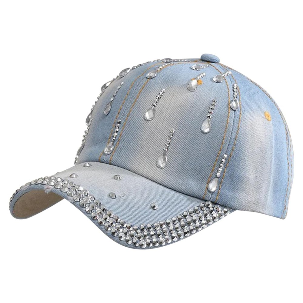 Queenbox Sparkle Teardrop Rhinestone Baseball Cap, Bejeweled Deim Hip Hop Hat, Light Blue