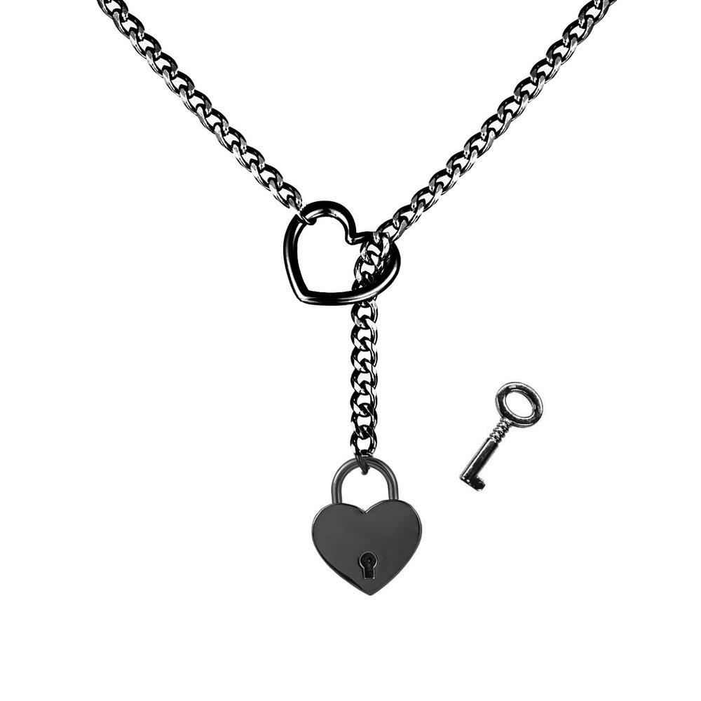 VLIEGEN Heart O-Ring Slip Chain Necklace Punk Rock Stainless Steel Cuban Long Necklace Jewelry for Women Black 25inch