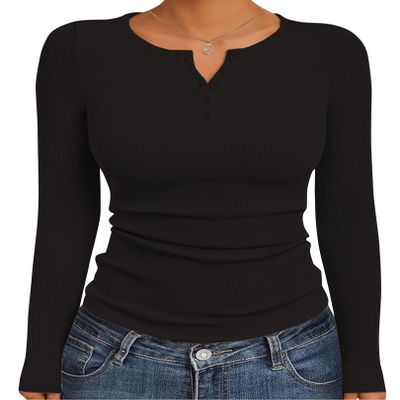 Ekouaer Women's Long Sleeve Henley Shirts Button Ribbed Knit Tops Basic Layering Slim Fit Soft Thermal Underwear Tops Black XXL