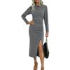 Women's Side Split Long Sleeve Dress Scoop Neck Bodycon Ruched Wrap Midi Dress Casual Cocktail Party Club Short Dress (XX-Large,Grey) view 2