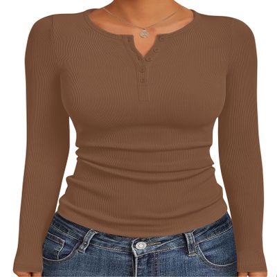 Ekouaer Women's Long Sleeve Henley Shirts Button Ribbed Knit Tops Basic Layering Slim Fit Soft Thermal Underwear Tops Brown XS