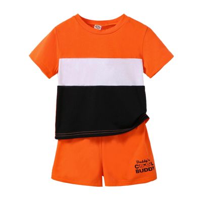 AMIMOJY today's deals Baby Boys Summer Clothes Set Infant Patchwork Color Stripe Printed Crewneck Short Sleeve Tops Shorts 2Pcs Outfit Set girls plaid deer shirt Orange, 4-5 Years