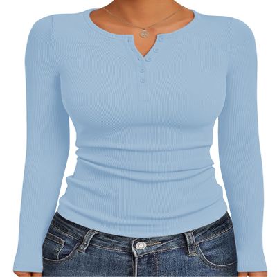 Ekouaer Women's Long Sleeve Henley Shirts Button Ribbed Knit Tops Basic Layering Slim Fit Soft Thermal Underwear Tops Light Blue XL