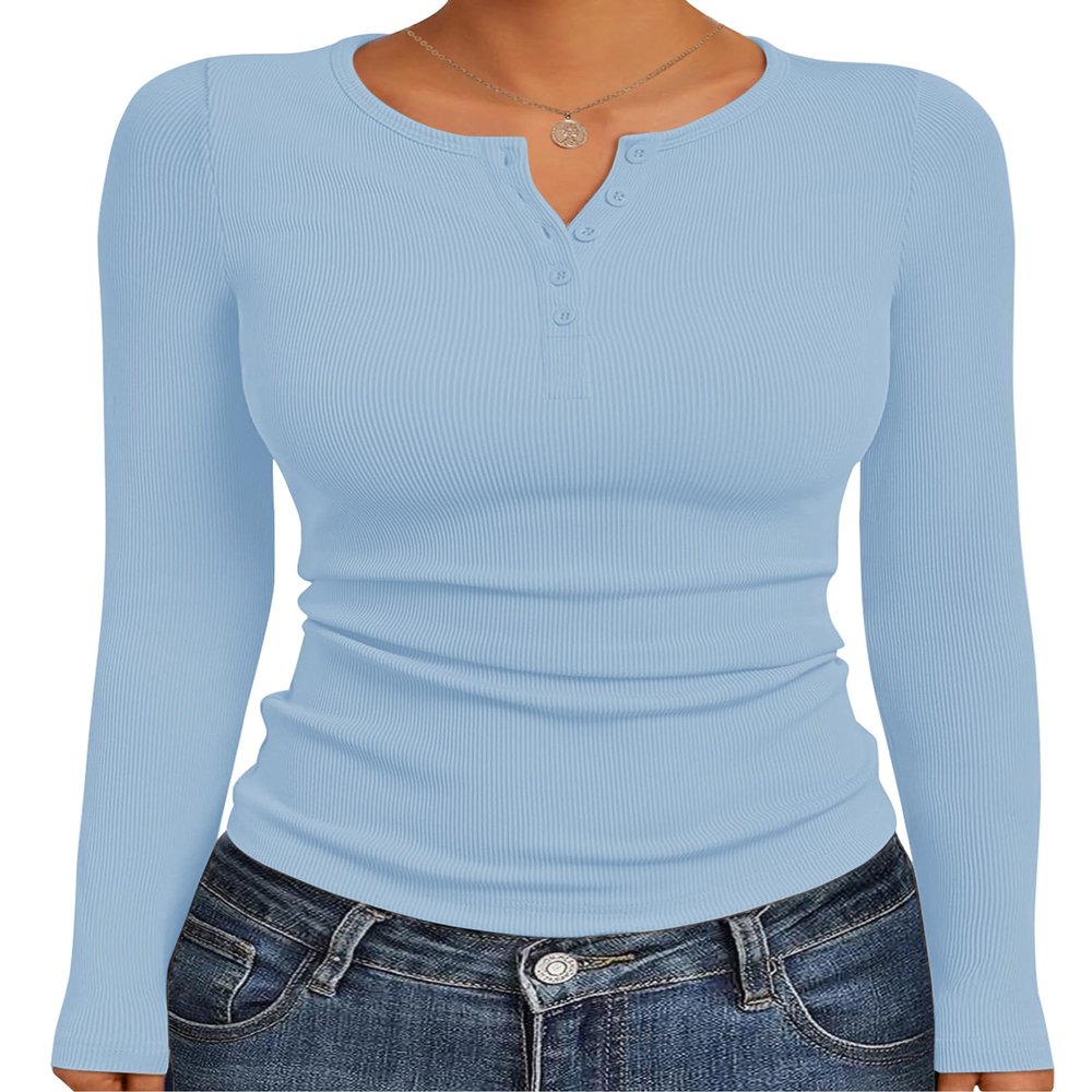 Ekouaer Women's Long Sleeve Henley Shirts Button Ribbed Knit Tops Basic Layering Slim Fit Soft Thermal Underwear Tops Light Blue XL